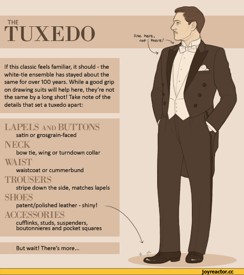 ﻿THE
TUXEDO
If this classic feels familiar, it should - the white-tie ensemble has stayed about the same for over 100 years. While a good grip on drawing suits will help here, they're not the same by a long shot I Take note of the details that set a tuxedo apart:
bow tie, wing or turndown collar